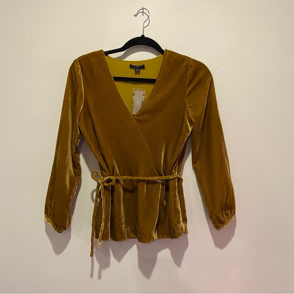 J. Crew Lush Gold Velvet Wrap Blouse with Tie Front